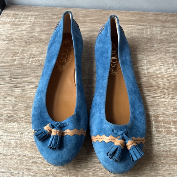 Tod's Blue/tan Leather Tassel Ballet Flats Size 38.5 - Picture 2 of 10